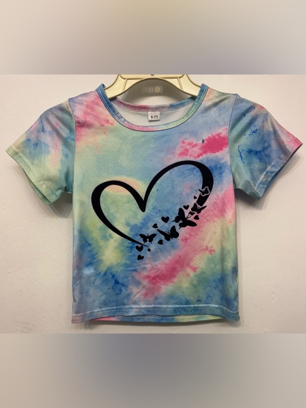 Multi Pastel Color Tie-Dye Heart & Butterfly Graphic Tee Girls Size 6-7T NWOT
